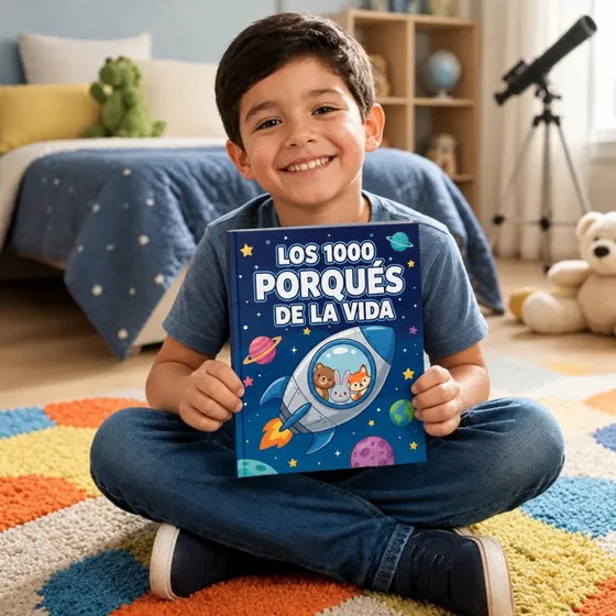 Benjamín, de Buenos Aires, Argentina, sentado en su cuarto con El Gran Libro de los mil Porqués