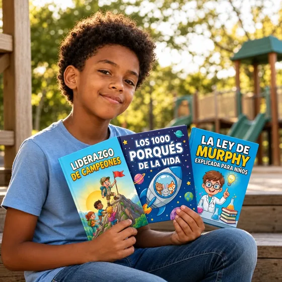 Lucas, de Salvador, Brasil, en la plaza con tres de sus libros