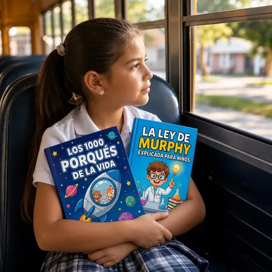 Isabella, de San José, Costa Rica, en el bus con El Gran Libro de los mil Porqués y La Ley de Murphy para Niños