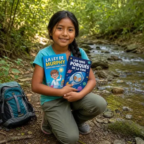 Luciana, de Cusco, Perú, al lado del arroyo con La Ley de Murphy para Niños y El Gran Libro de los mil Porqués
